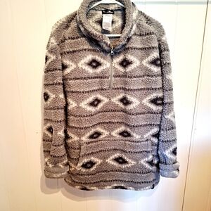 Crane Gray Patterned Sherpa Jacket Pull Over Size XL Very Good Condition